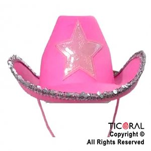 SOMBRERO COWBOY ESTRELLA Y LENTEJUELAS ROSA x 1